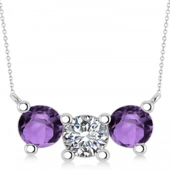 Three Stone Diamond & Amethyst Pendant Necklace 14k White Gold (3.00ct)