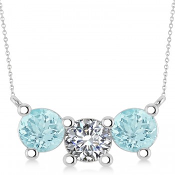 Three Stone Diamond & Aquamarine Pendant Necklace 14k White Gold (3.00ct)