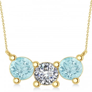 Three Stone Diamond & Aquamarine Pendant Necklace 14k Yellow Gold (3.00ct)