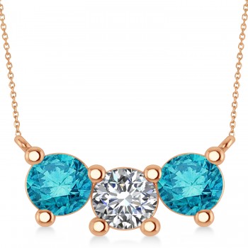 Three Stone Diamond & Blue Diamond Pendant Necklace 14k Rose Gold (3.00ct)