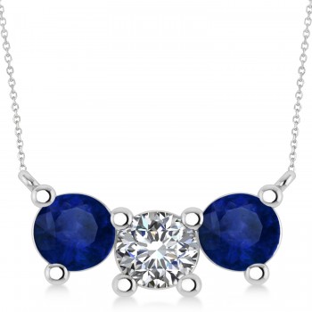 Three Stone Diamond & Blue Sapphire Pendant Necklace 14k White Gold (3.00ct)