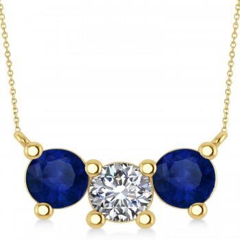 Three Stone Diamond & Blue Sapphire Pendant Necklace 14k Yellow Gold (3.00ct)