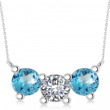 Three Stone Diamond & Blue Topaz Pendant Necklace 14k White Gold (3.00ct)