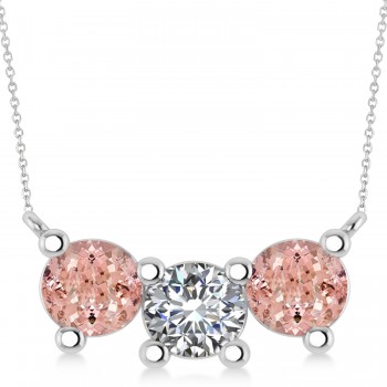 Three Stone Diamond & Morganite Pendant Necklace 14k White Gold (3.00ct)