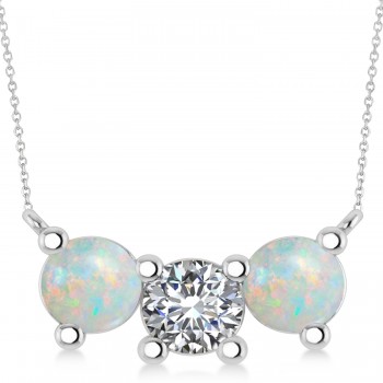 Three Stone Diamond & Opal Pendant Necklace 14k White Gold (3.00ct)