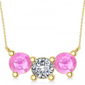 Three Stone Diamond & Pink Sapphire Pendant Necklace 14k Yellow Gold (3.00ct)