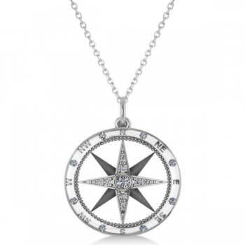 Extra Large Compass Necklace Pendant For Men Diamond Accented 14k White Gold (0.45ct)