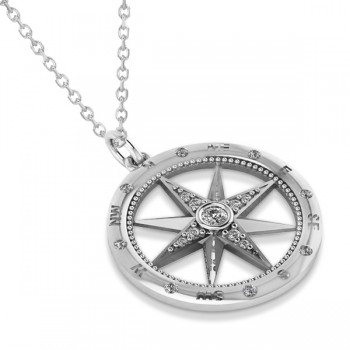 Extra Large Compass Necklace Pendant For Men Diamond Accented 14k White Gold (0.45ct)