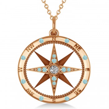 Extra Large Compass Pendant For Men Aquamarine & Diamond Accented 14k Rose Gold (0.45ct)