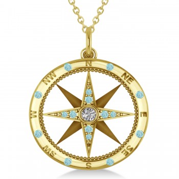 Extra Large Compass Pendant For Men Aquamarine & Diamond Accented 14k Yellow Gold (0.45ct)