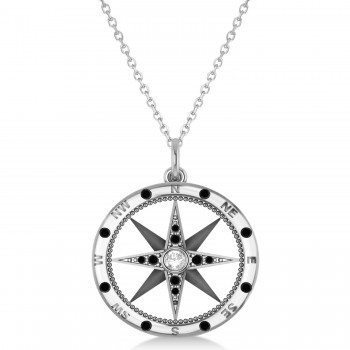 Extra Large Compass Pendant For Men Black & White Diamond Accented 14k White Gold (0.45ct)