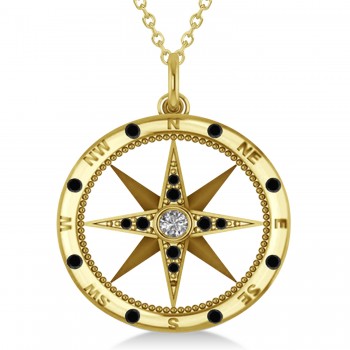 Extra Large Compass Pendant For Men Black & White Diamond Accented 14k Yellow Gold (0.45ct)