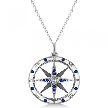 Extra Large Compass Pendant For Men Blue Sapphire & Diamond Accented 14k White Gold (0.45ct)