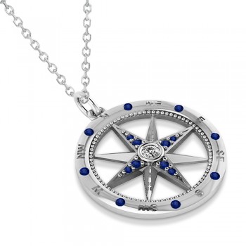 Extra Large Compass Pendant For Men Blue Sapphire & Diamond Accented 14k White Gold (0.45ct)