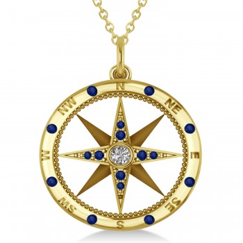 Compass Pendant For Men Blue Sapphire & Diamond Accented 14k Yellow Gold (0.45ct)