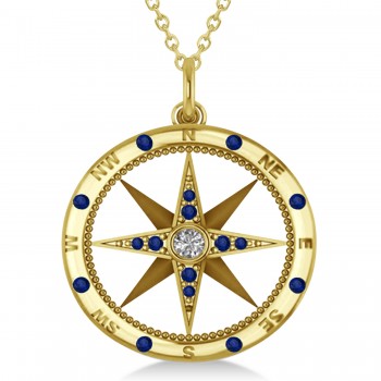 Extra Large Compass Pendant For Men Blue Sapphire & Diamond Accented 14k Yellow Gold (0.45ct)