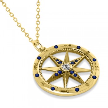 Extra Large Compass Pendant For Men Blue Sapphire & Diamond Accented 14k Yellow Gold (0.45ct)