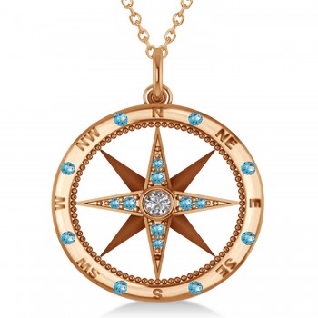 Extra Large Compass Pendant For Men Blue Topaz & Diamond Accented 14k Rose Gold (0.45ct)