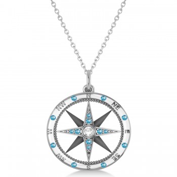 Extra Large Compass Pendant For Men Blue Topaz & Diamond Accented 14k White Gold (0.45ct)