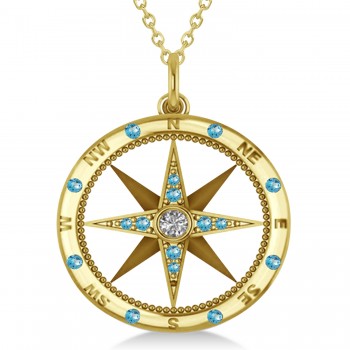 Compass Pendant For Men Blue Topaz & Diamond Accented 14k Yellow Gold (0.45ct)