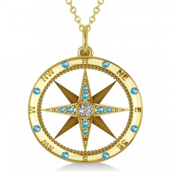 Extra Large Compass Pendant For Men Blue Topaz & Diamond Accented 14k Yellow Gold (0.45ct)