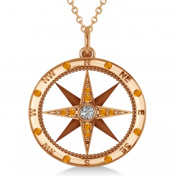 Compass Pendant For Men Citrine & Diamond Accented 14k Rose Gold (0.45ct)
