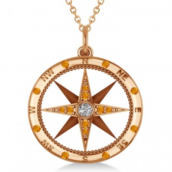 Extra Large Compass Pendant For Men Citrine & Diamond Accented 14k Rose Gold (0.45ct)