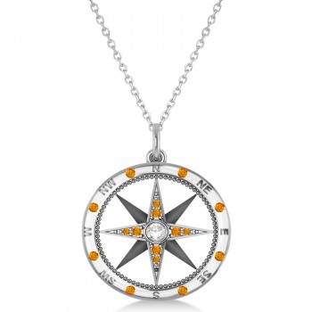 Extra Large Compass Pendant For Men Citrine & Diamond Accented 14k White Gold (0.45ct)