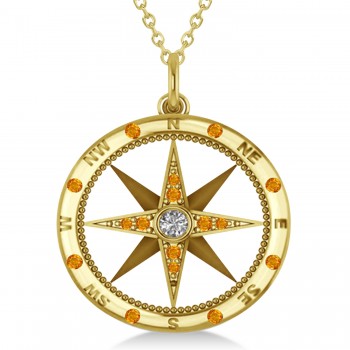 Extra Large Compass Pendant For Men Citrine & Diamond Accented 14k Yellow Gold (0.45ct)