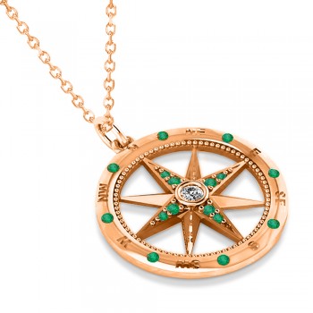 Extra Large Compass Pendant For Men Emerald & Diamond Accented 14k Rose Gold (0.45ct)