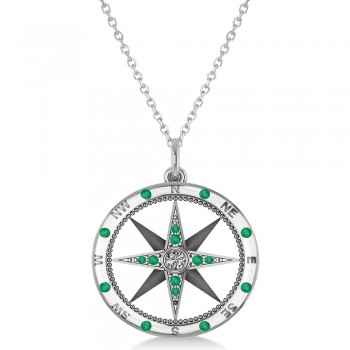 Extra Large Compass Pendant For Men Emerald & Diamond Accented 14k White Gold (0.45ct)