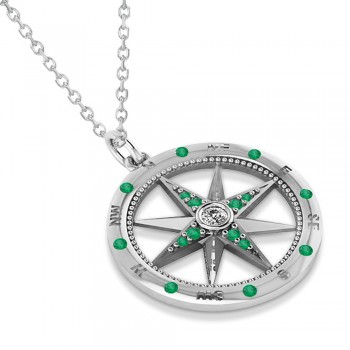 Extra Large Compass Pendant For Men Emerald & Diamond Accented 14k White Gold (0.45ct)