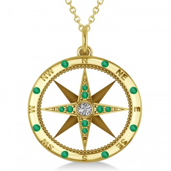 Compass Pendant For Men Emerald & Diamond Accented 14k Yellow Gold (0.45ct)
