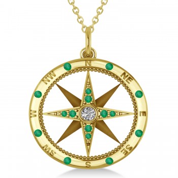 Extra Large Compass Pendant For Men Emerald & Diamond Accented 14k Yellow Gold (0.45ct)