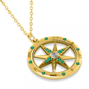 Extra Large Compass Pendant For Men Emerald & Diamond Accented 14k Yellow Gold (0.45ct)