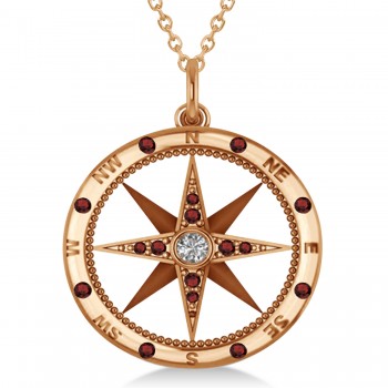 Extra Large Compass Pendant For Men Garnet & Diamond Accented 14k Rose Gold (0.45ct)