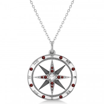 Extra Large Compass Pendant For Men Garnet & Diamond Accented 14k White Gold (0.45ct)