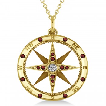 Compass Pendant For Men Garnet & Diamond Accented 14k Yellow Gold (0.45ct)