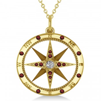 Extra Large Compass Pendant For Men Garnet & Diamond Accented 14k Yellow Gold (0.45ct)