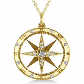 Extra Large Compass Necklace Pendant For Men Lab Grown Diamond Accented 14k Yellow Gold (0.45ct)