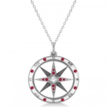 Extra Large Compass Pendant For Men Ruby & Diamond Accented 14k White Gold (0.45ct)