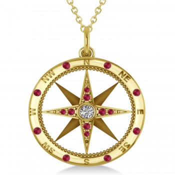 Extra Large Compass Pendant For Men Ruby & Diamond Accented 14k Yellow Gold (0.45ct)