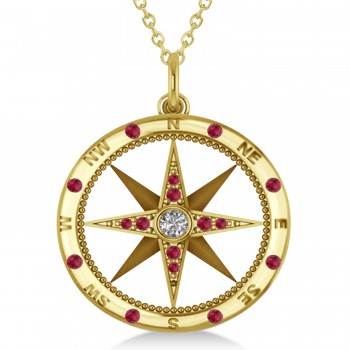 Compass Pendant For Men Ruby & Diamond Accented 14k Yellow Gold (0.45ct)