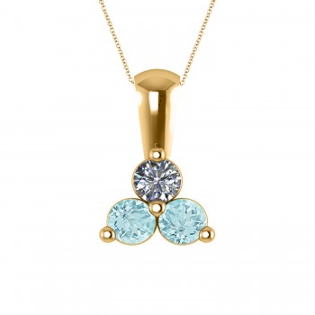 Three Stone Diamond & Aquamarine Pendant Necklace 14k Yellow Gold (0.50ct)