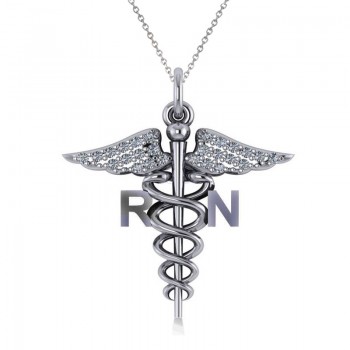 Diamond Caduceus RN Medical Symbol Pendant 14k White Gold (0.13ct)