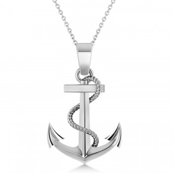 Men's Anchor Pendant Necklace Rope Design 14k White Gold