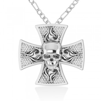 Skull & Cross Men's Pendant Necklace 14k White Gold