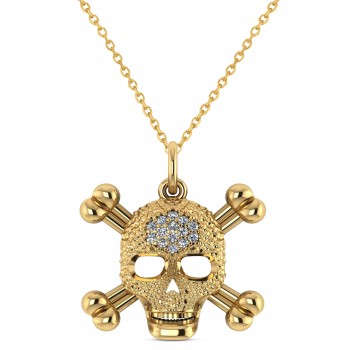 Diamond Skull Charm Pendant Necklace 14K Yellow Gold (0.14ct)