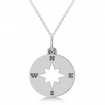 Navigational Compass Pendant Necklace 14k White Gold