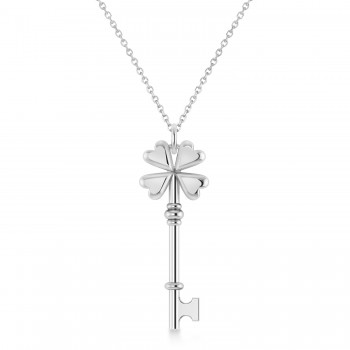 Four Leaf Clover Key Pendant Necklace 14k White Gold